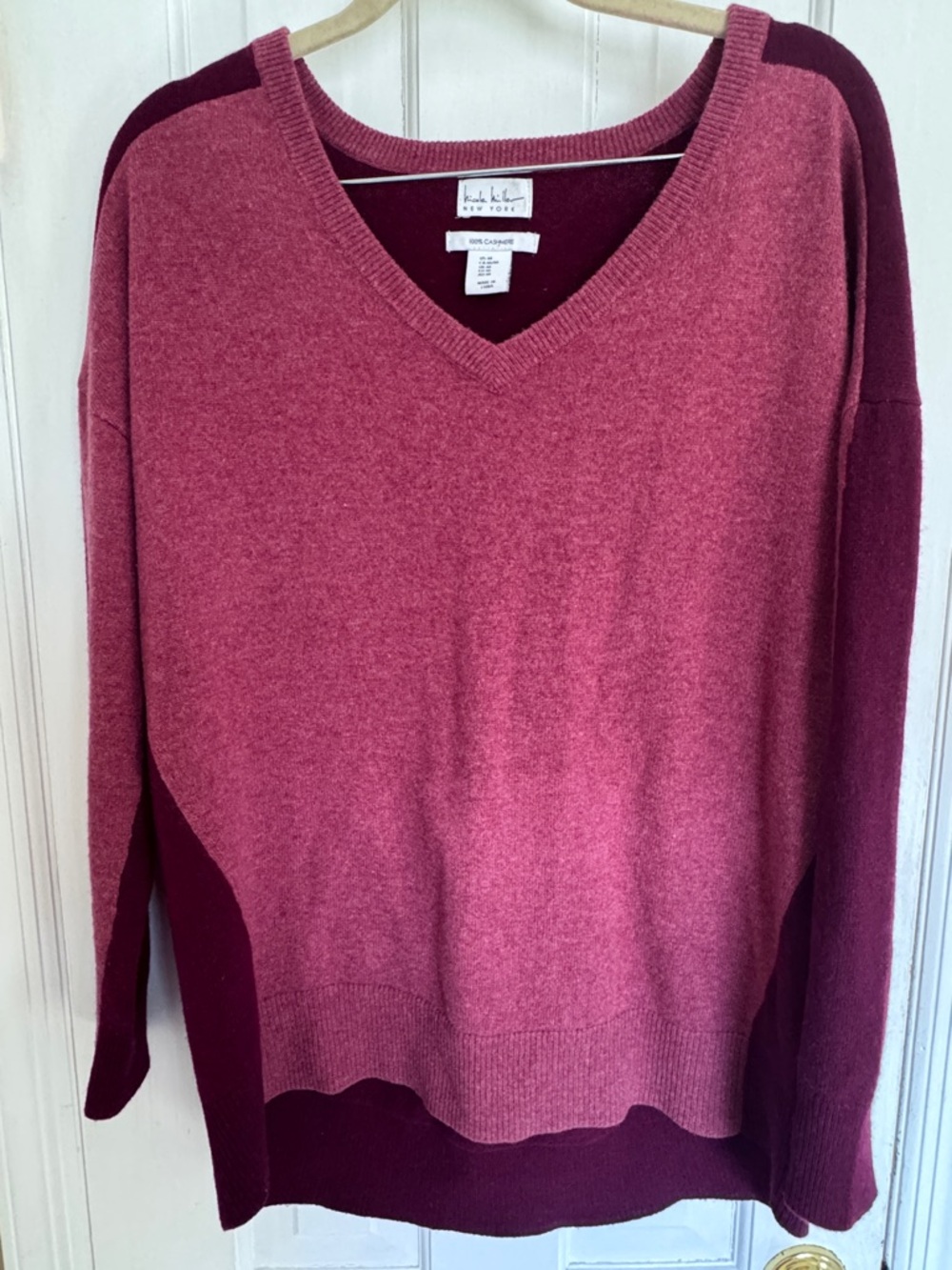 Nicole Miller 100% Cashmere Color Block Pink and Burgundy V-Neck Sweater